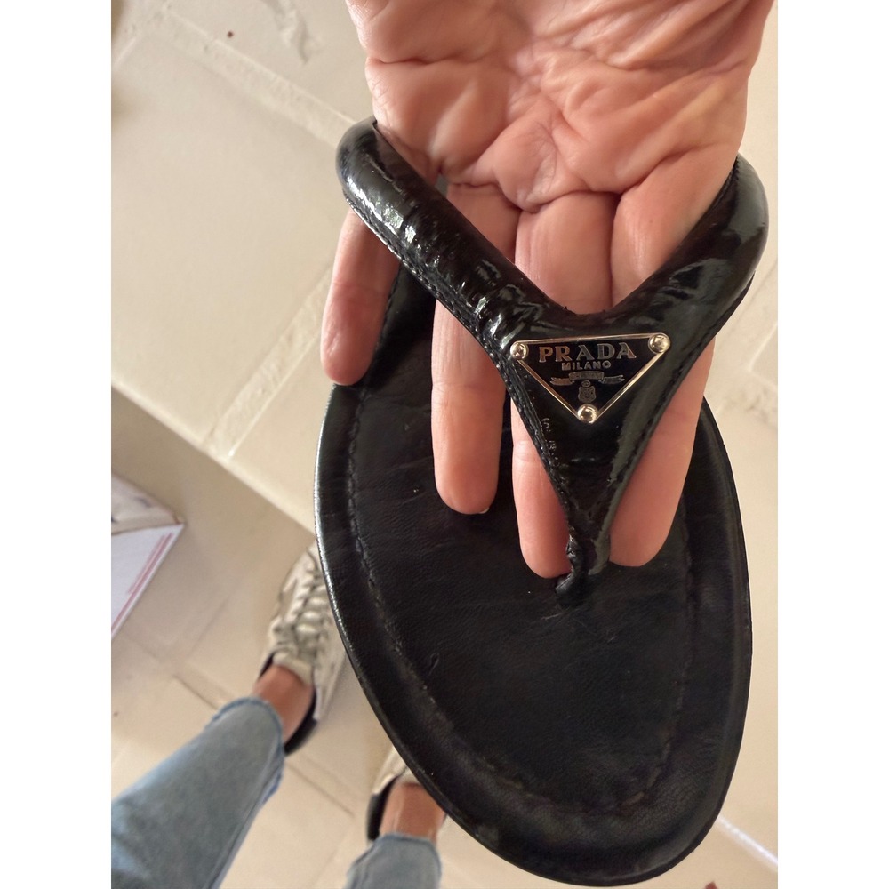 Prada Black Patent Leather Triangle Logo Thong Sandals 7 - Picture 7 of 13